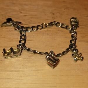 Christmas charm bracelet SANTA TEDDY BEAR GIFT REINDEER SLEIGH 7" goldtone